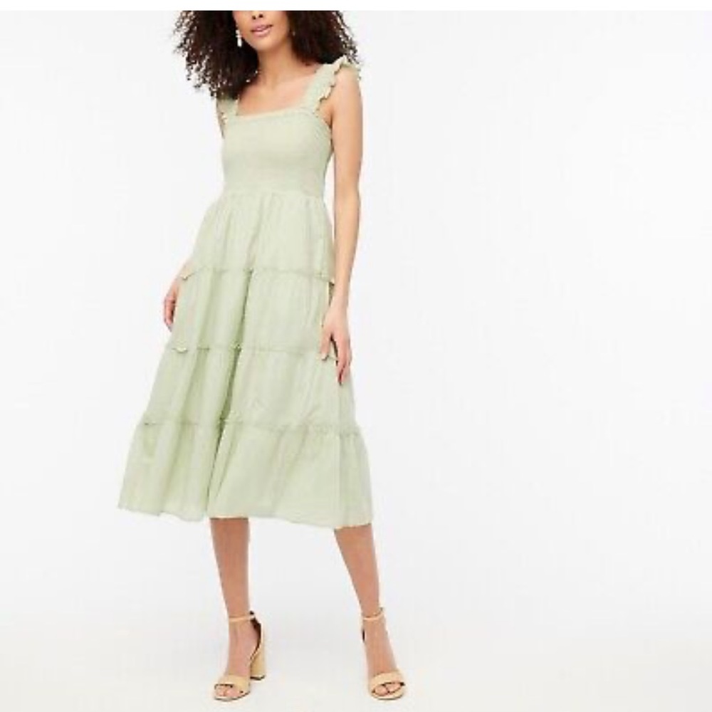 J. Crew Factory Hillhouse Smocked Tiered Midi Dress Sage Green Cotton
